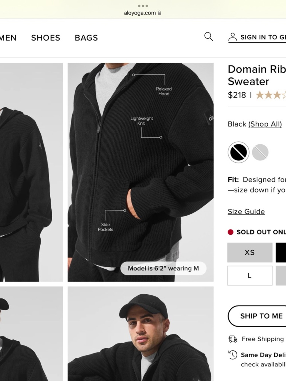 ALO Yoga Black Rib knit full Zip Hoodie Sweater black oversized fit